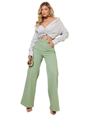 High-Waisted Green Wide-Leg Pants