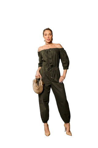 Remanescente Off-Shoulder Military Green Denim Jumpsuit