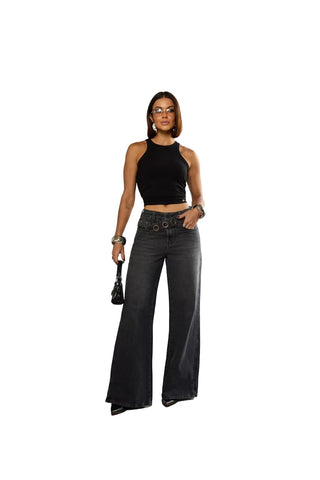 Remanescente 100% Black Wide Leg Jeans with Stylish Metal Eyelet Waistband