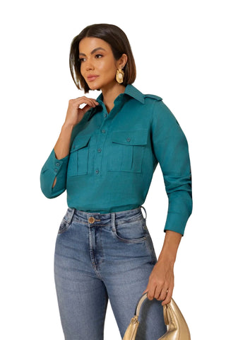 Remanescente Transformative Teal Linen Shirt with Utility Pockets